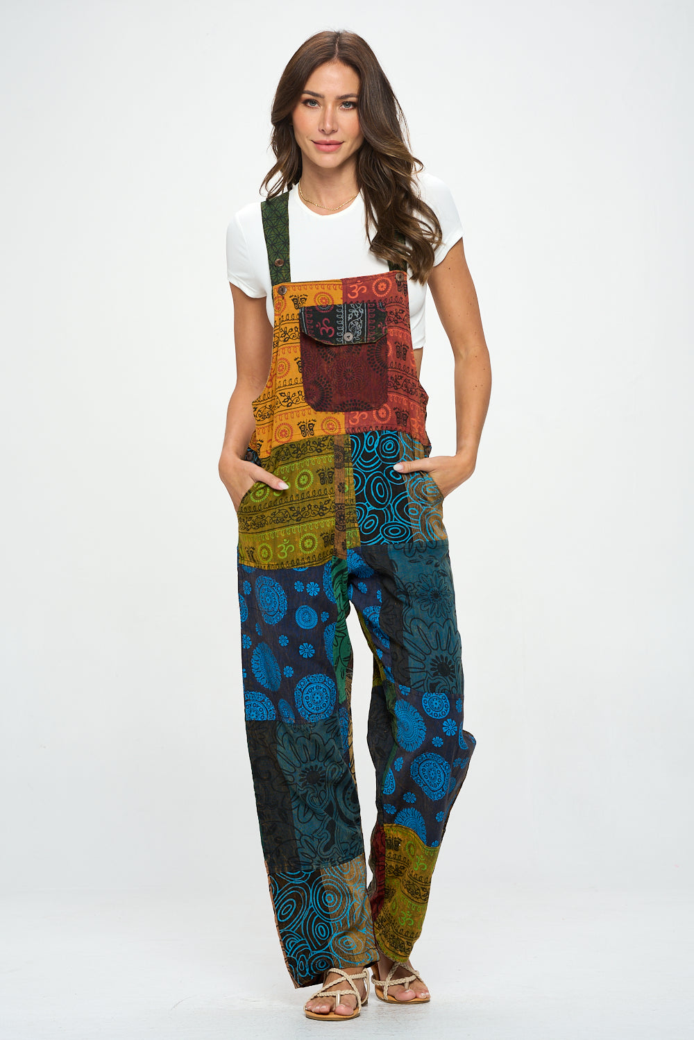 Cotton patchwork straightleg overalls