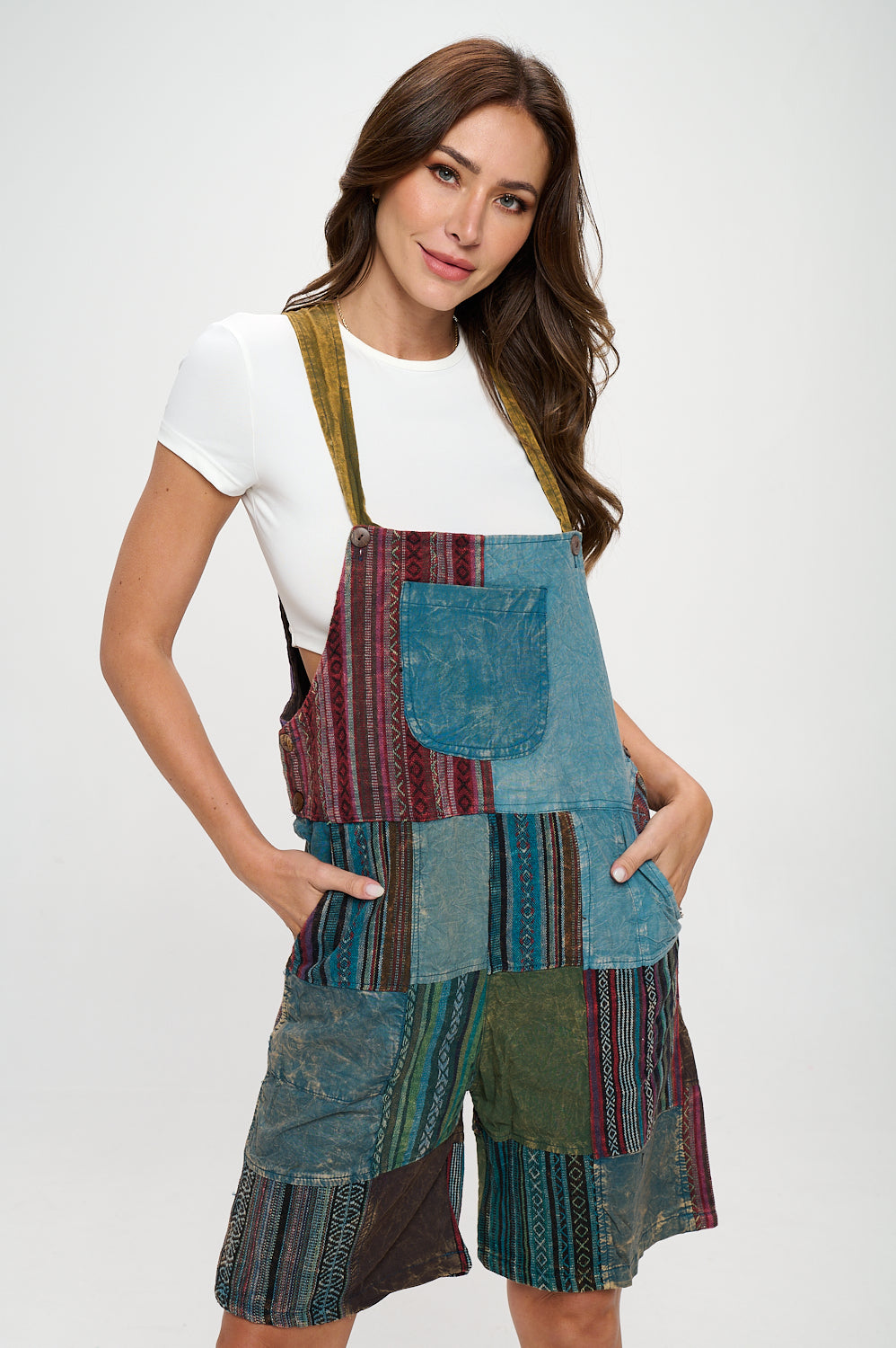 Brown patchworks short overalls