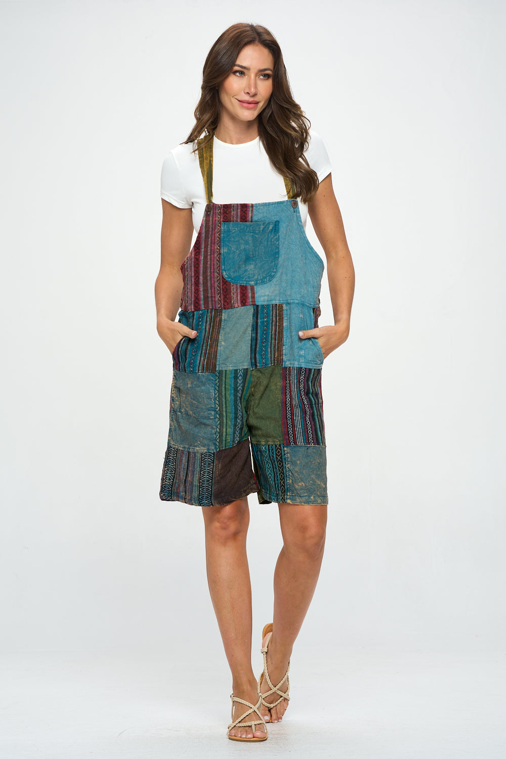 Brown patchworks short overalls