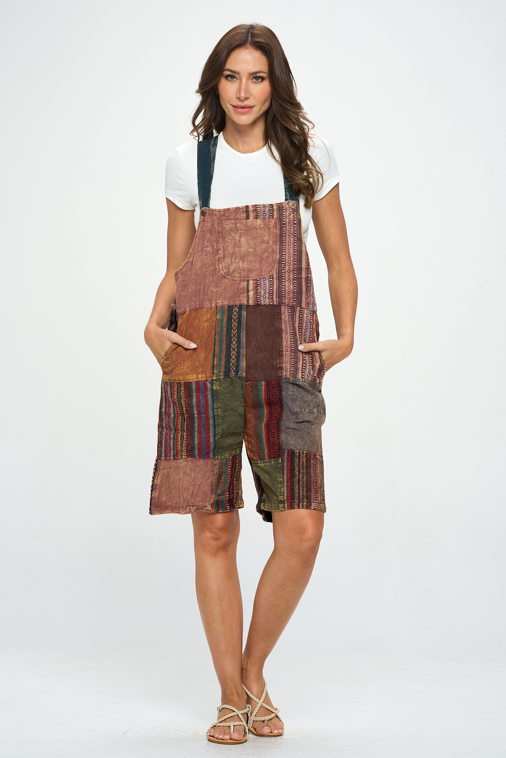 Brown patchworks short overalls