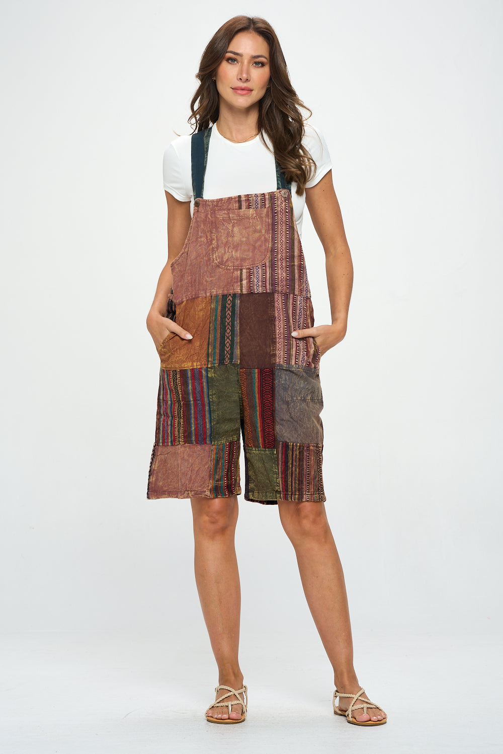 Brown patchworks short overalls