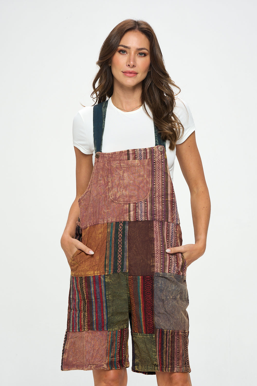 Brown patchworks short overalls