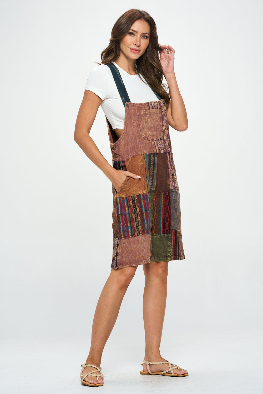 Brown patchworks short overalls