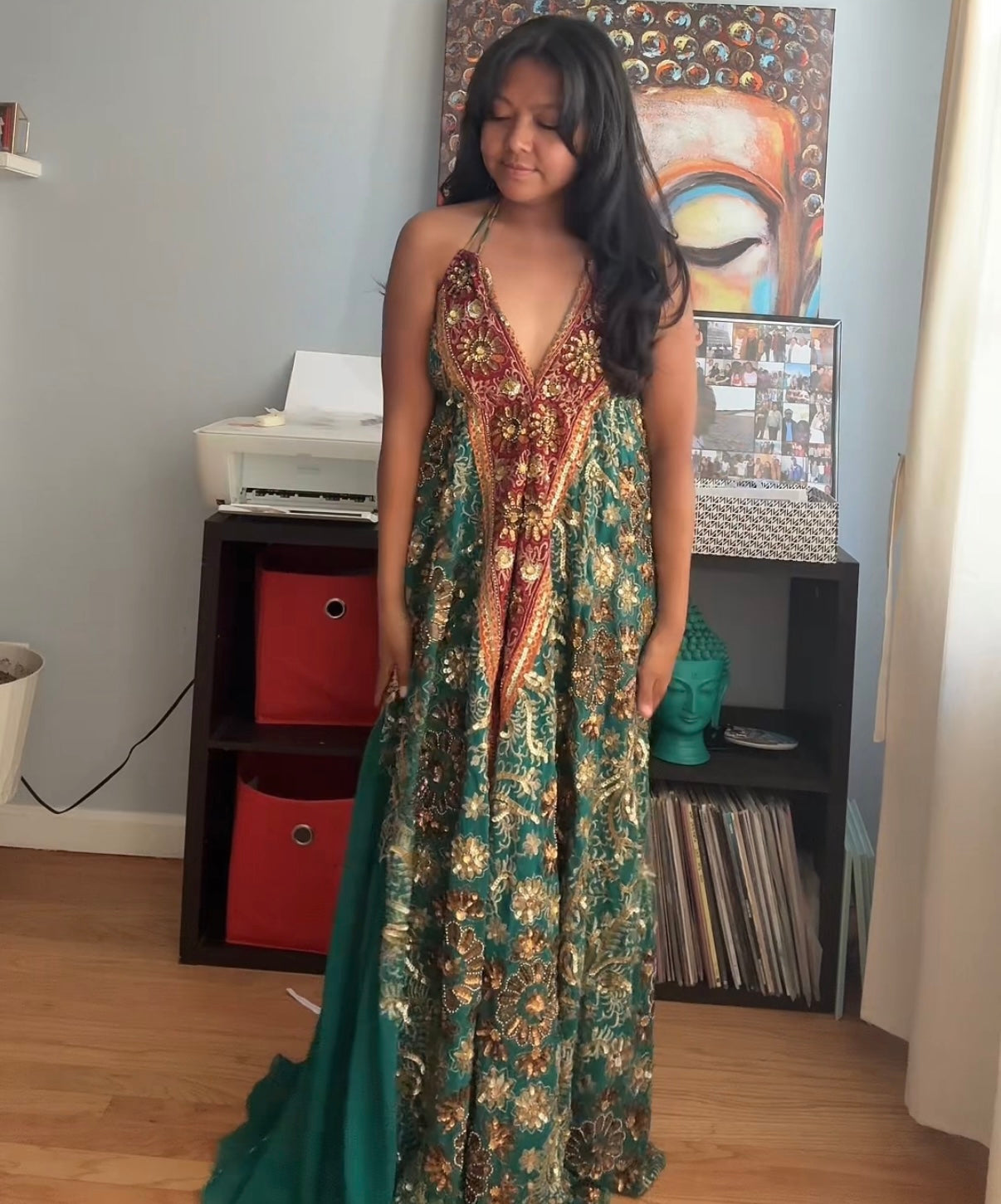 Hand embroidery sequins silk dress