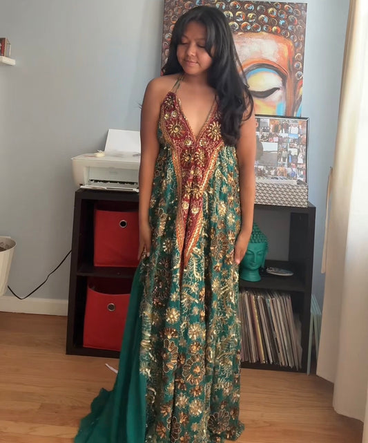 Hand embroidery sequins silk dress